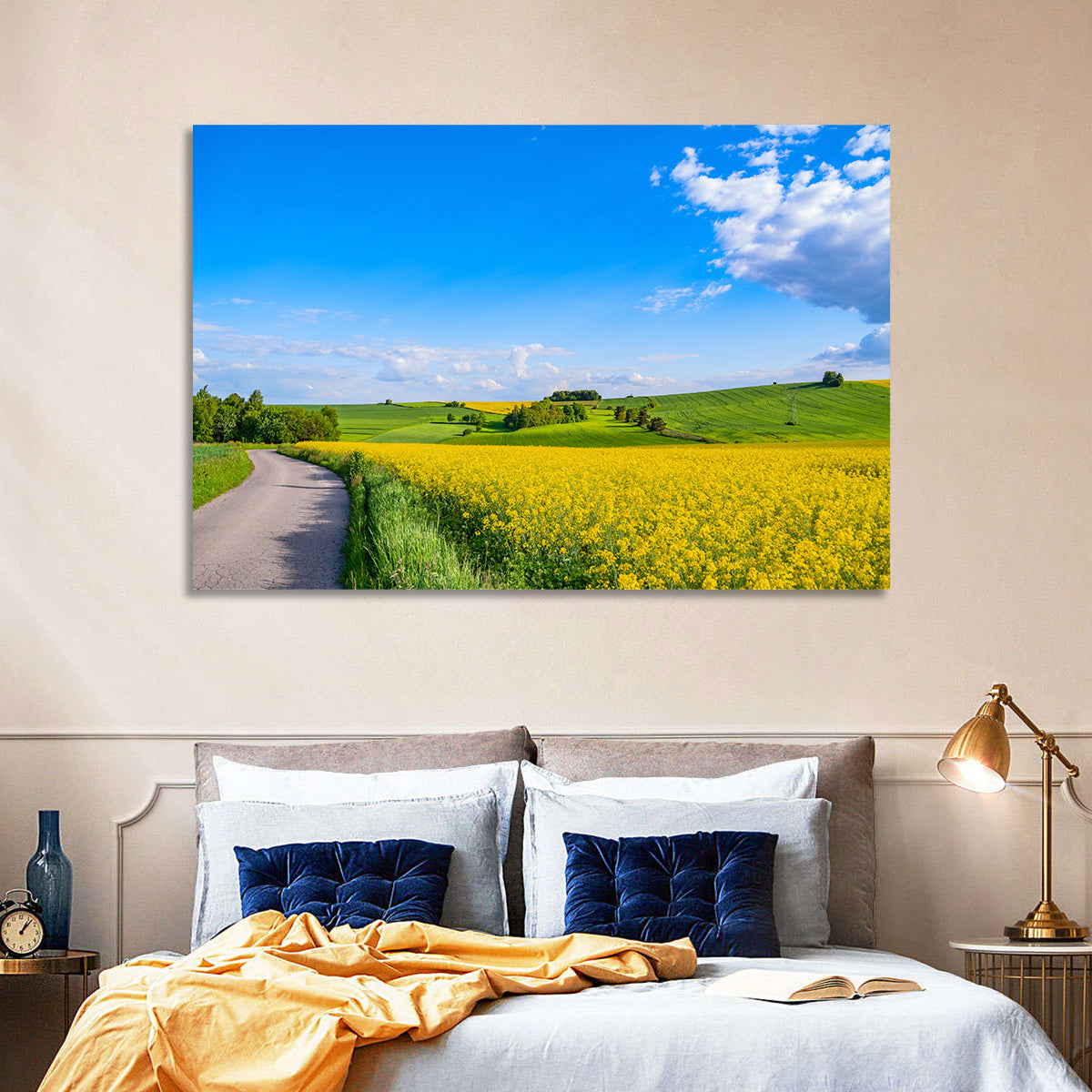Rapeseed Field Road Under Blue Sky Wall Art