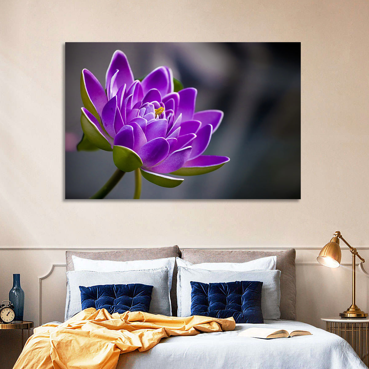 Purple Water Lily Close-up Wall Art in a room, landscape