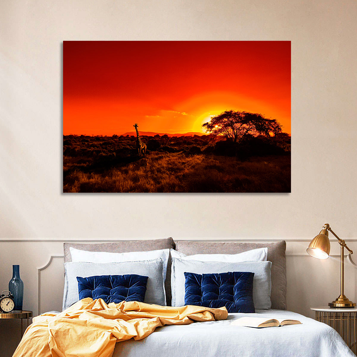 Savanna Sunset with Giraffe Wall Art in a room, landscape