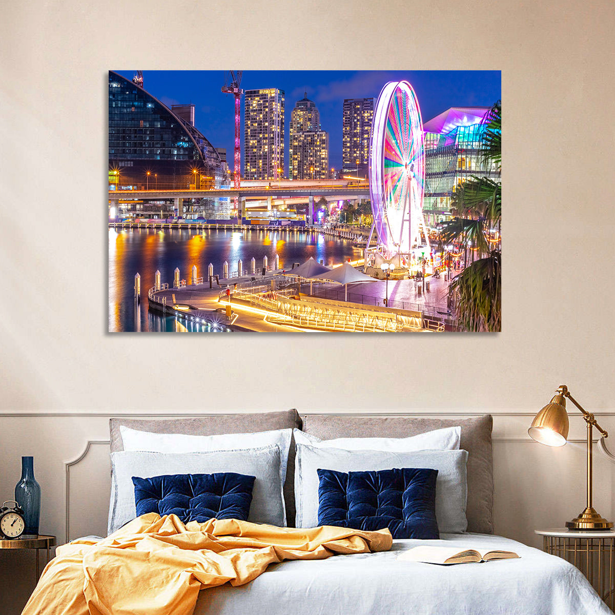 Darling Harbour Nightscape Wall Art in a room, landscape