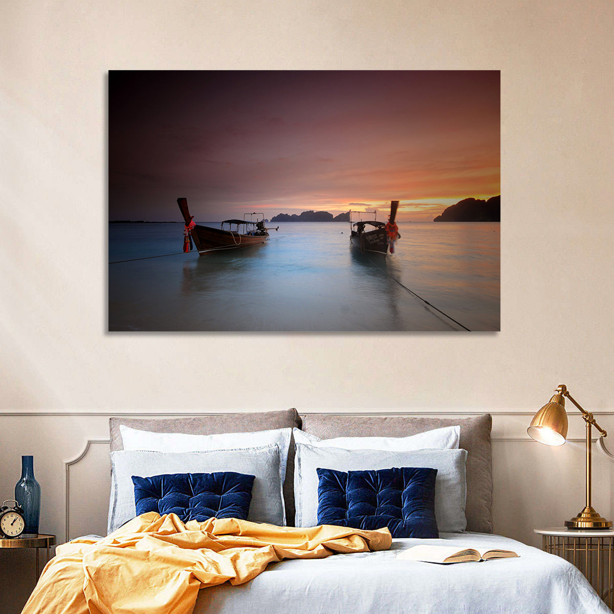Phi Phi Longtail Boats at Golden Hour Wall Art in a room, landscape