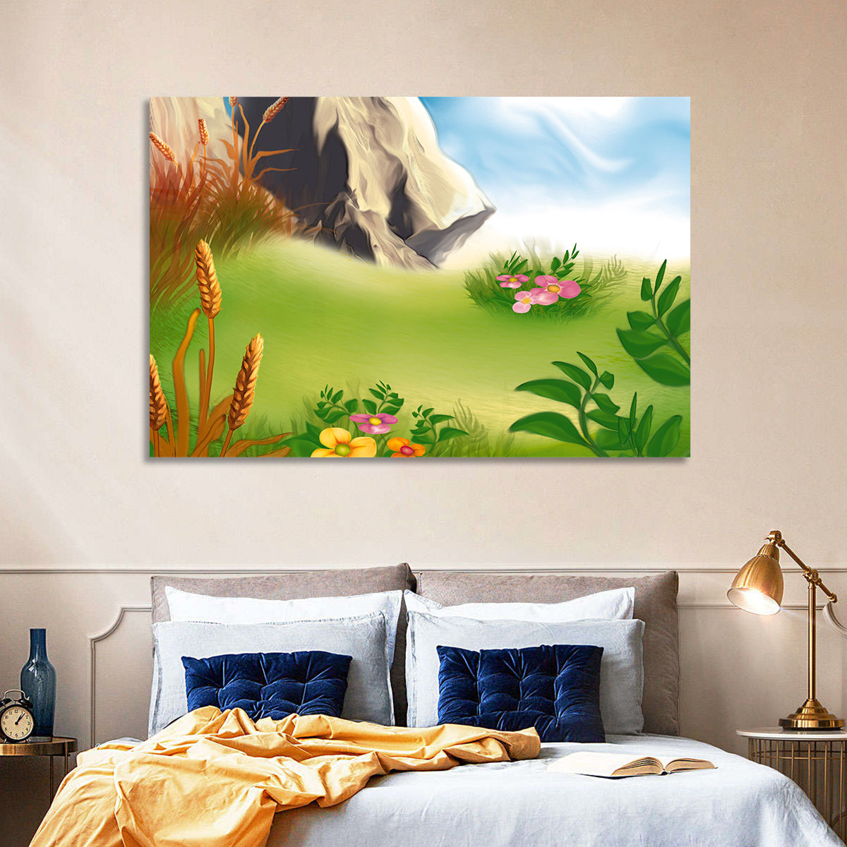 Sunny Mountain Meadow Illustration Wall Art