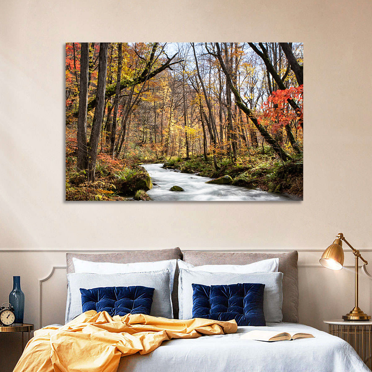 Sunlit Forest Stream Wall Art in a room, landscape
