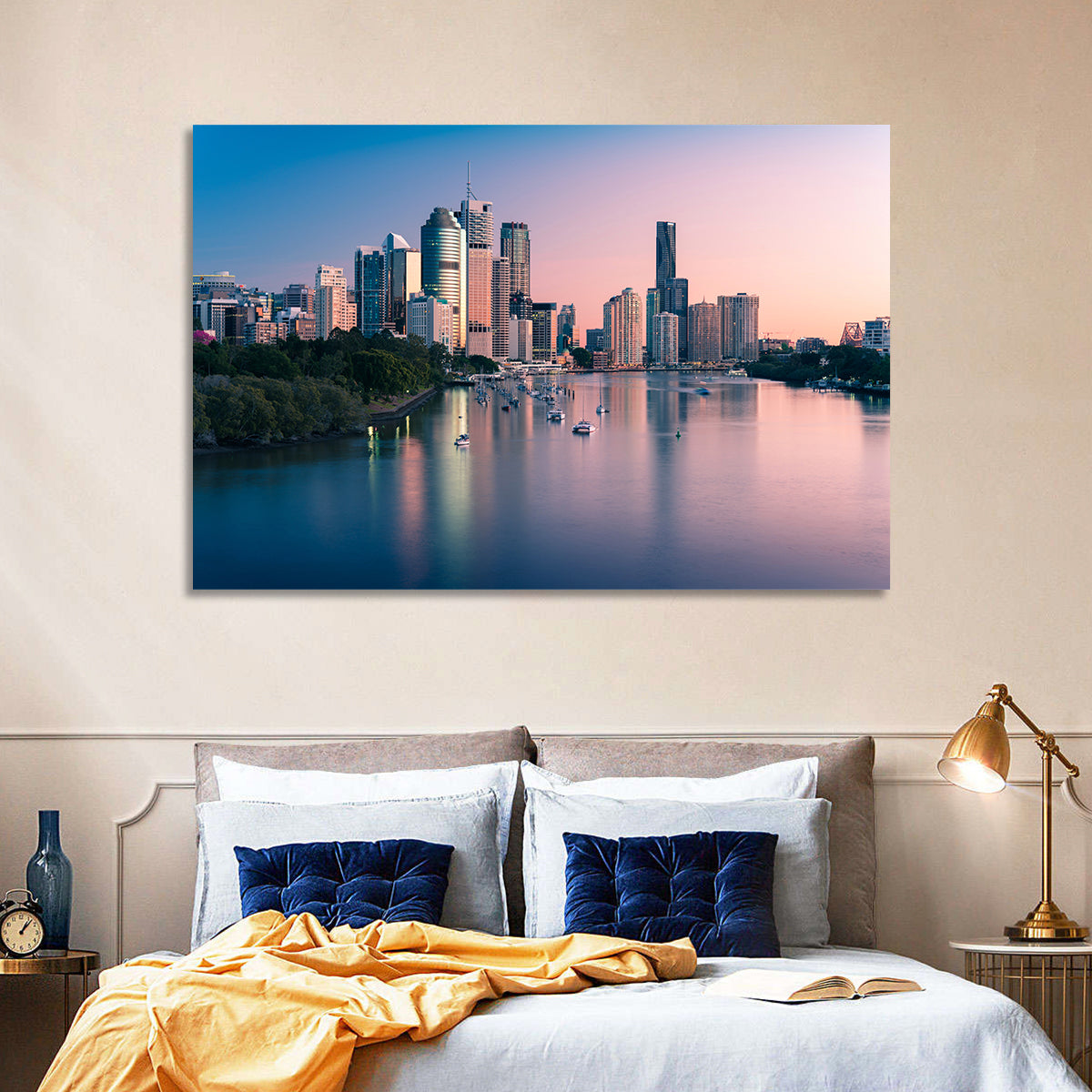 Brisbane River Skyline at Dusk Wall Art in a room, landscape