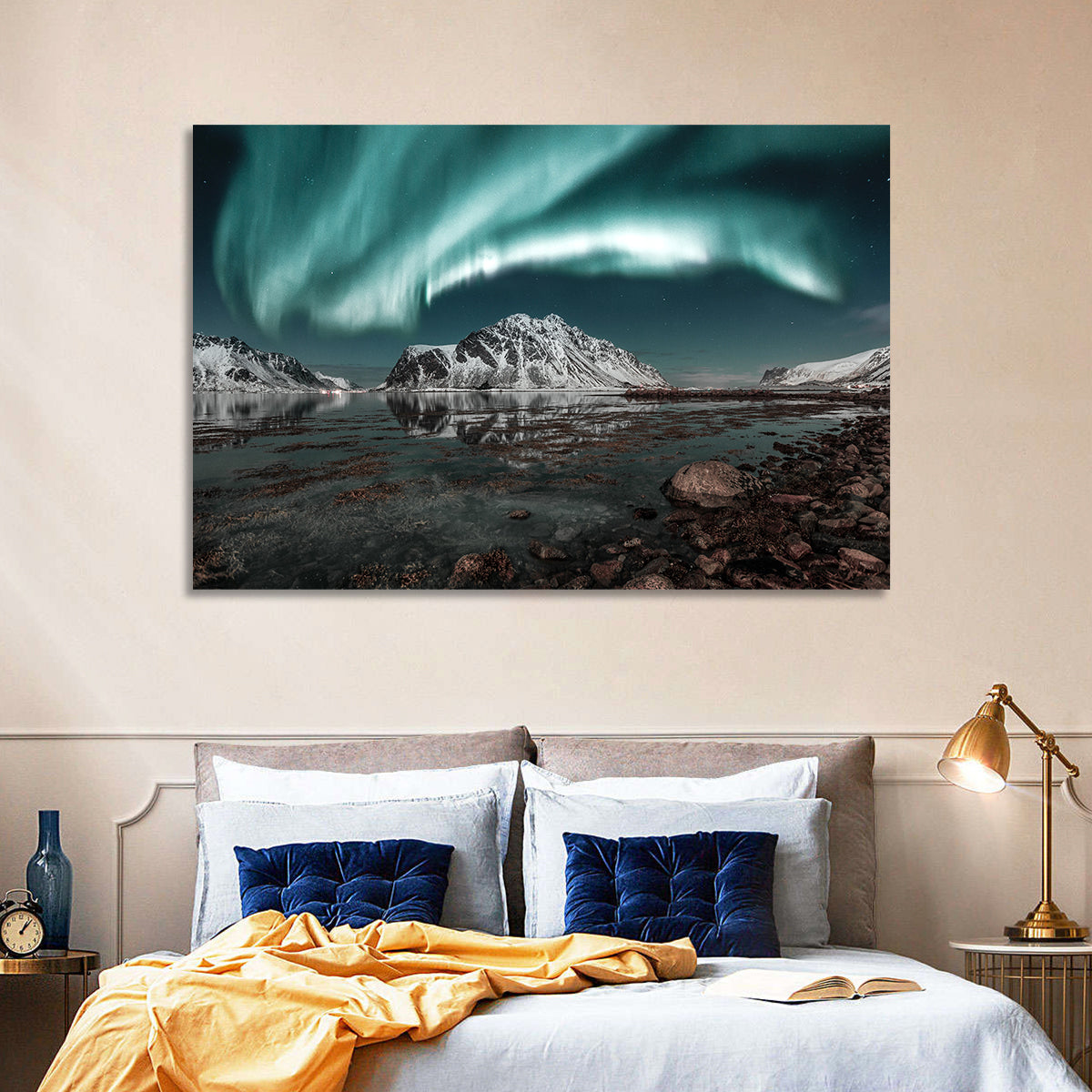 Lofoten Aurora Reflection Wall Art in a room, landscape