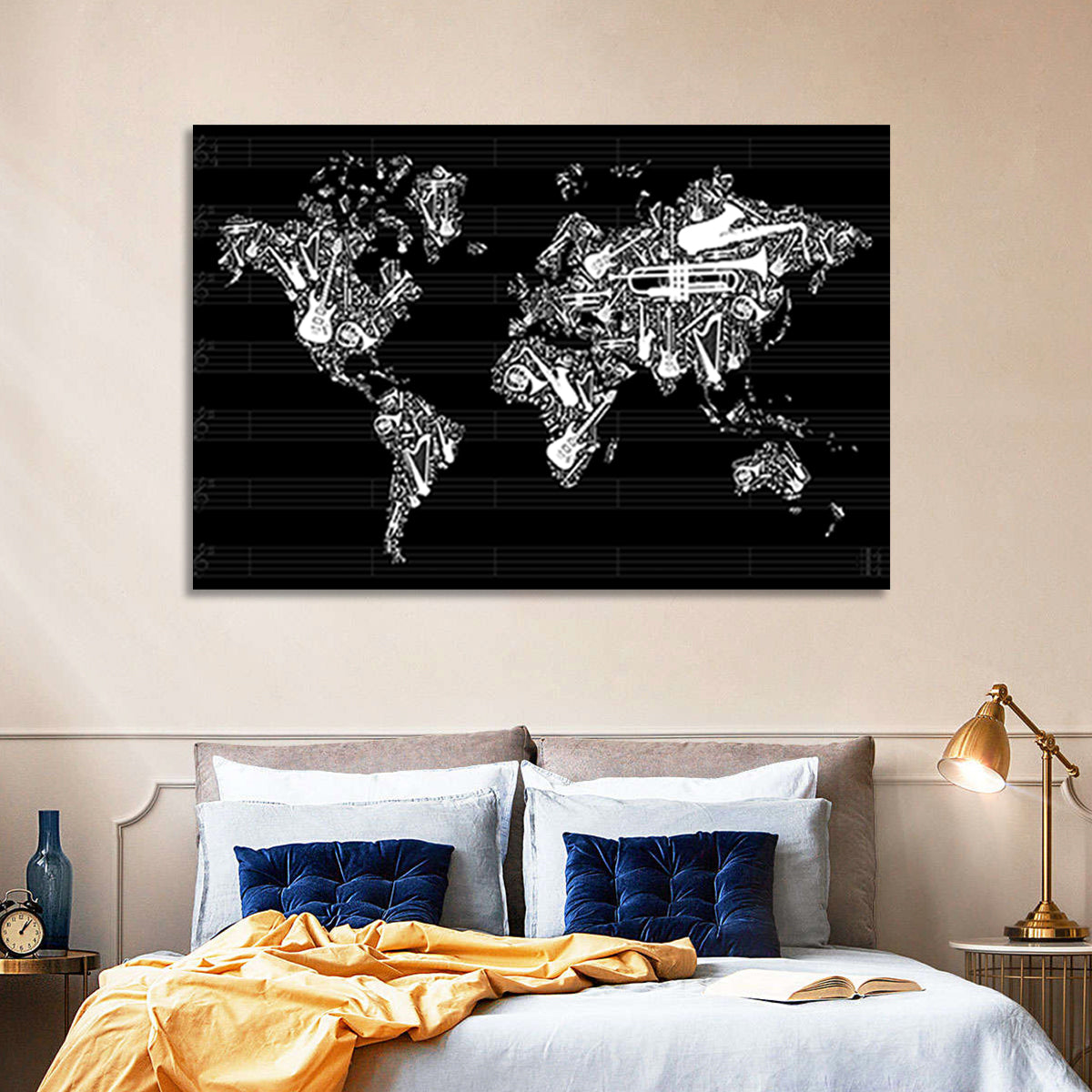 Instrument Silhouette World Map Wall Art in a room, landscape