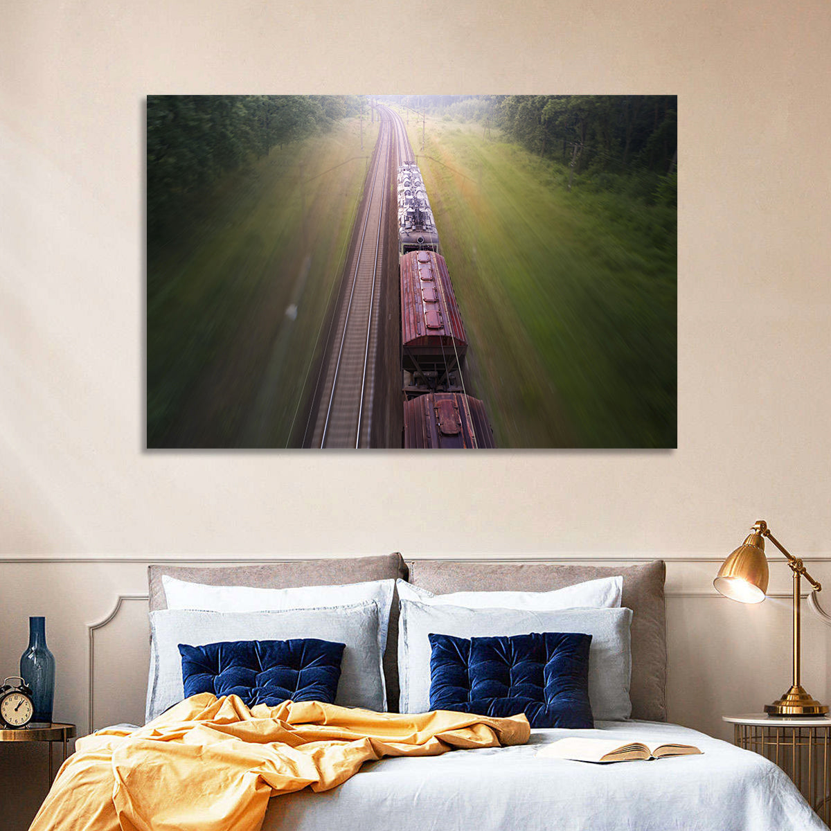 Freight Train Through Forest Wall Art in a room, landscape