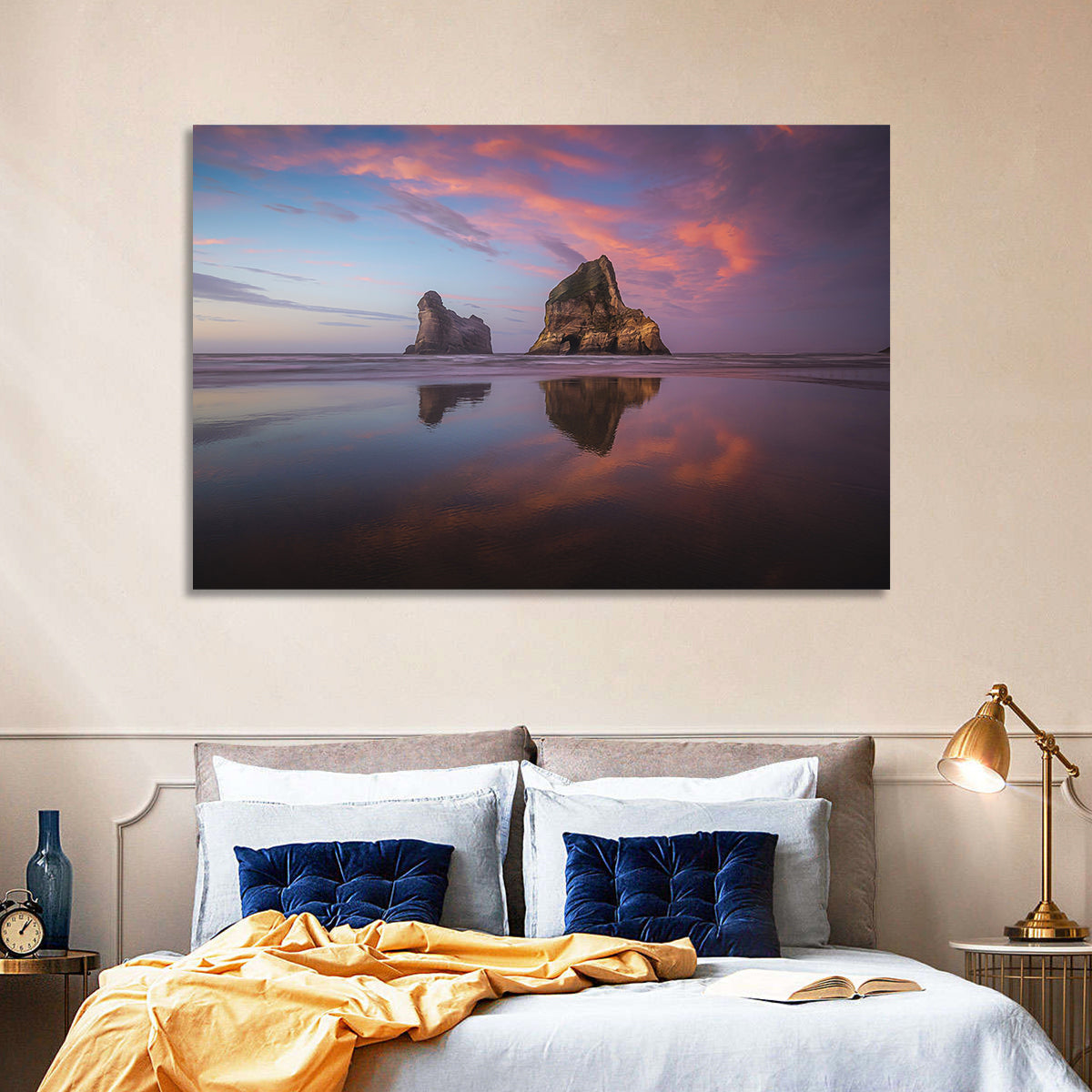 Wharariki Beach Sunrise Wall Art in a room, landscape