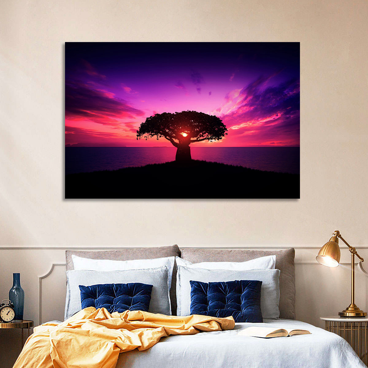 Baobab Sunset Silhouette Wall Art in a room, landscape