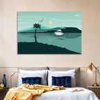 Teal Lake Boat with Palm Tree Wall Art