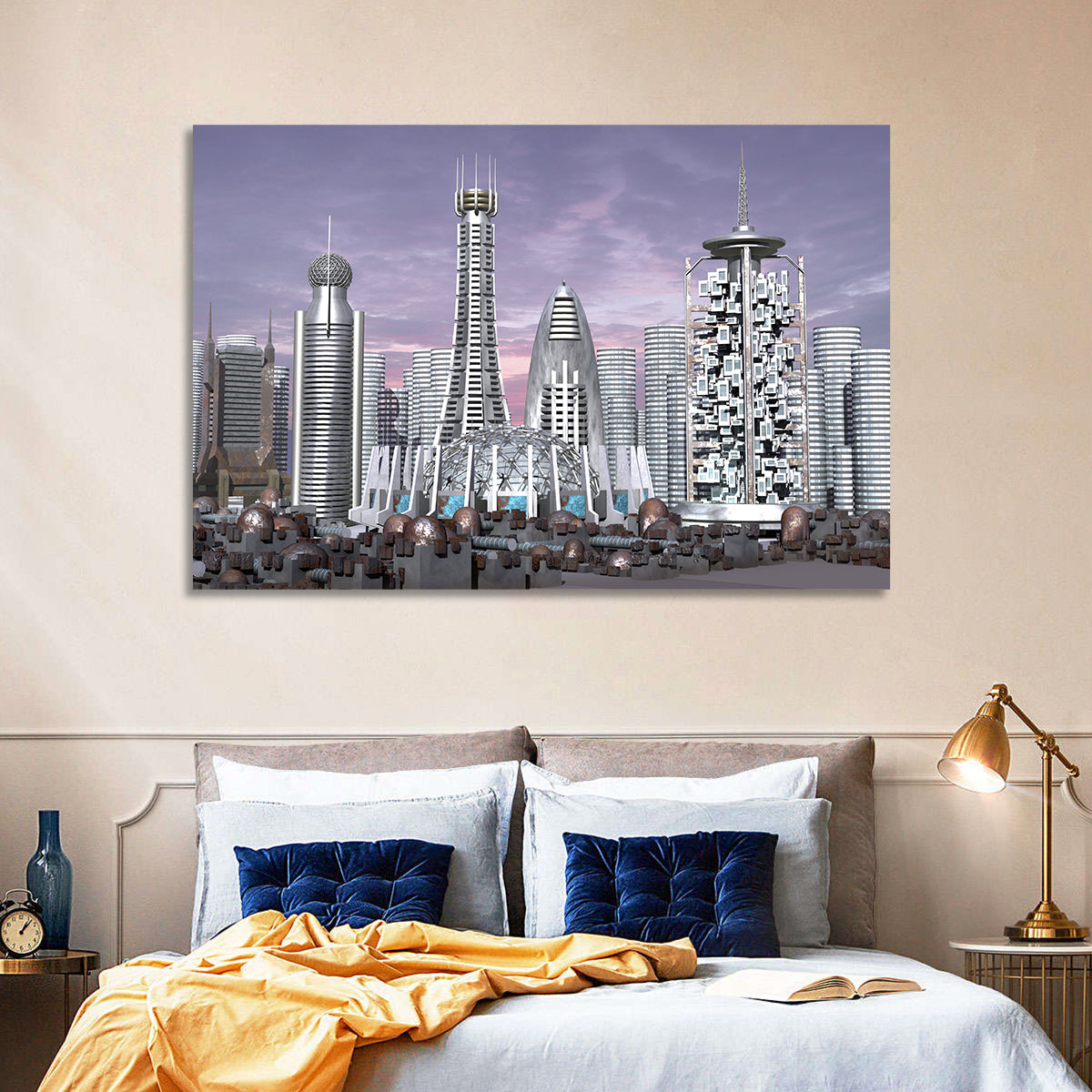 Purple Dusk Futuristic Cityscape Wall Art