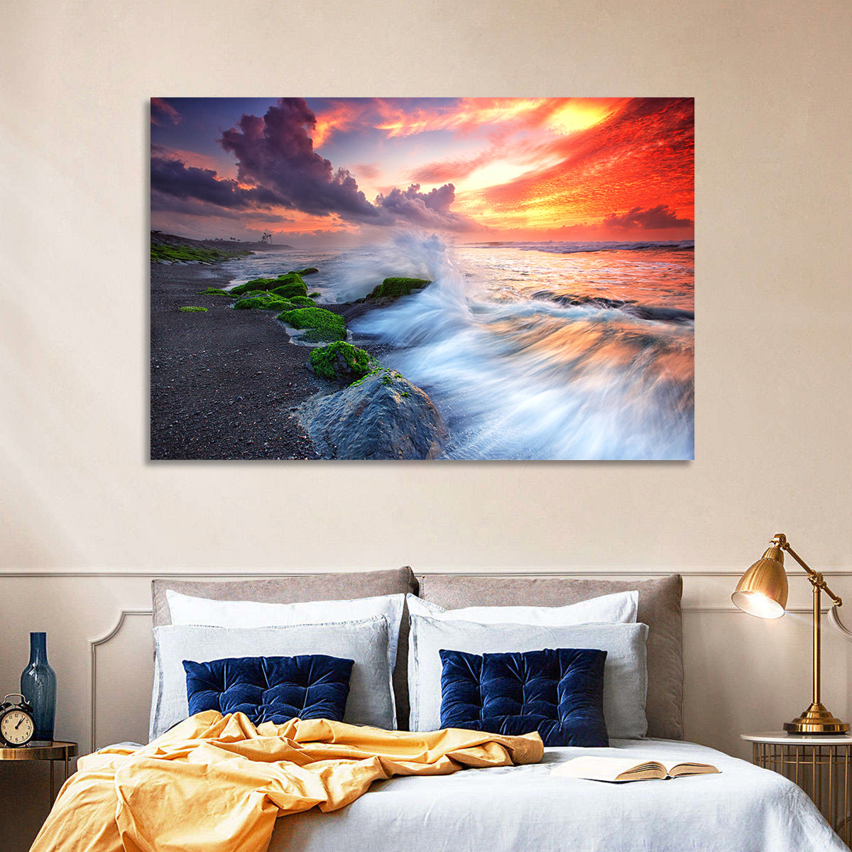 Ocean Waves Under Burning Sky Wall Art in a room, landscape