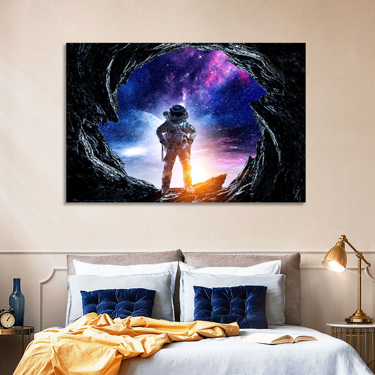 Astronaut at Alien Planet Cave Wall Art in a room, landscape