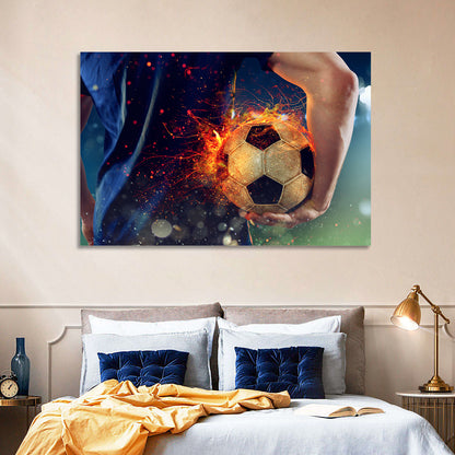 Fiery Soccer Ball and Blue Jersey Player Wall Art