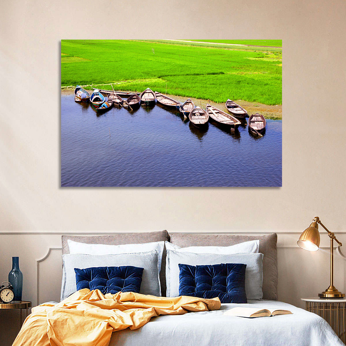 Boats at the Shoreline Wall Art in a room, landscape