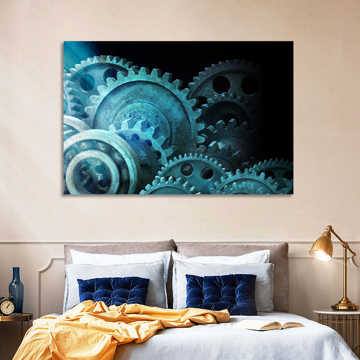 Teal and Steel Cogwheel Close-up Wall Art in a room, landscape