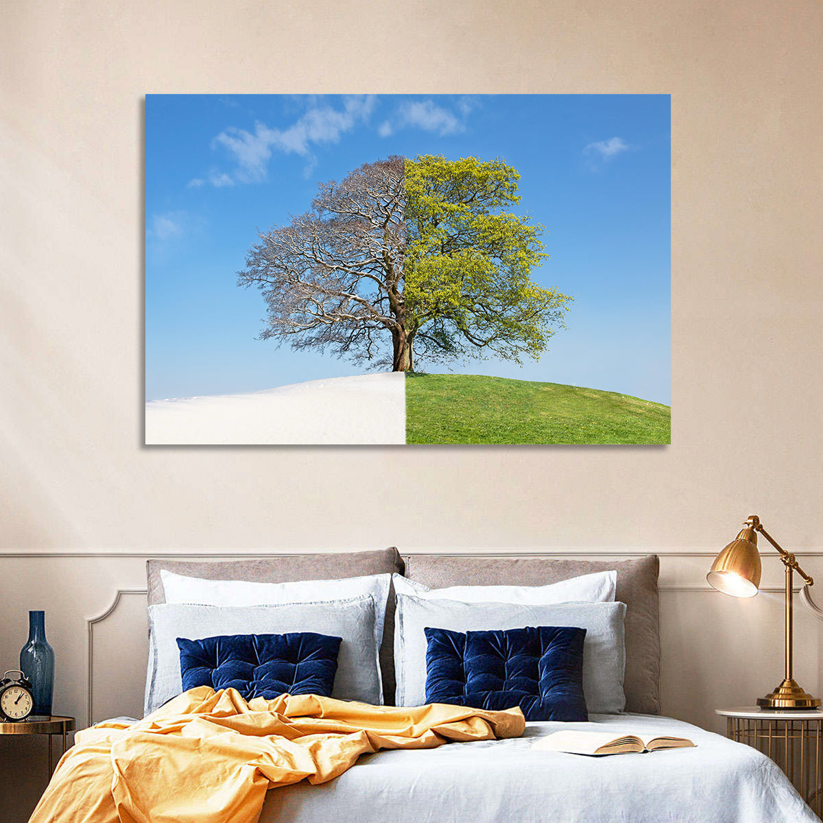 Split Season Tree Landscape Wall Art in a room, landscape