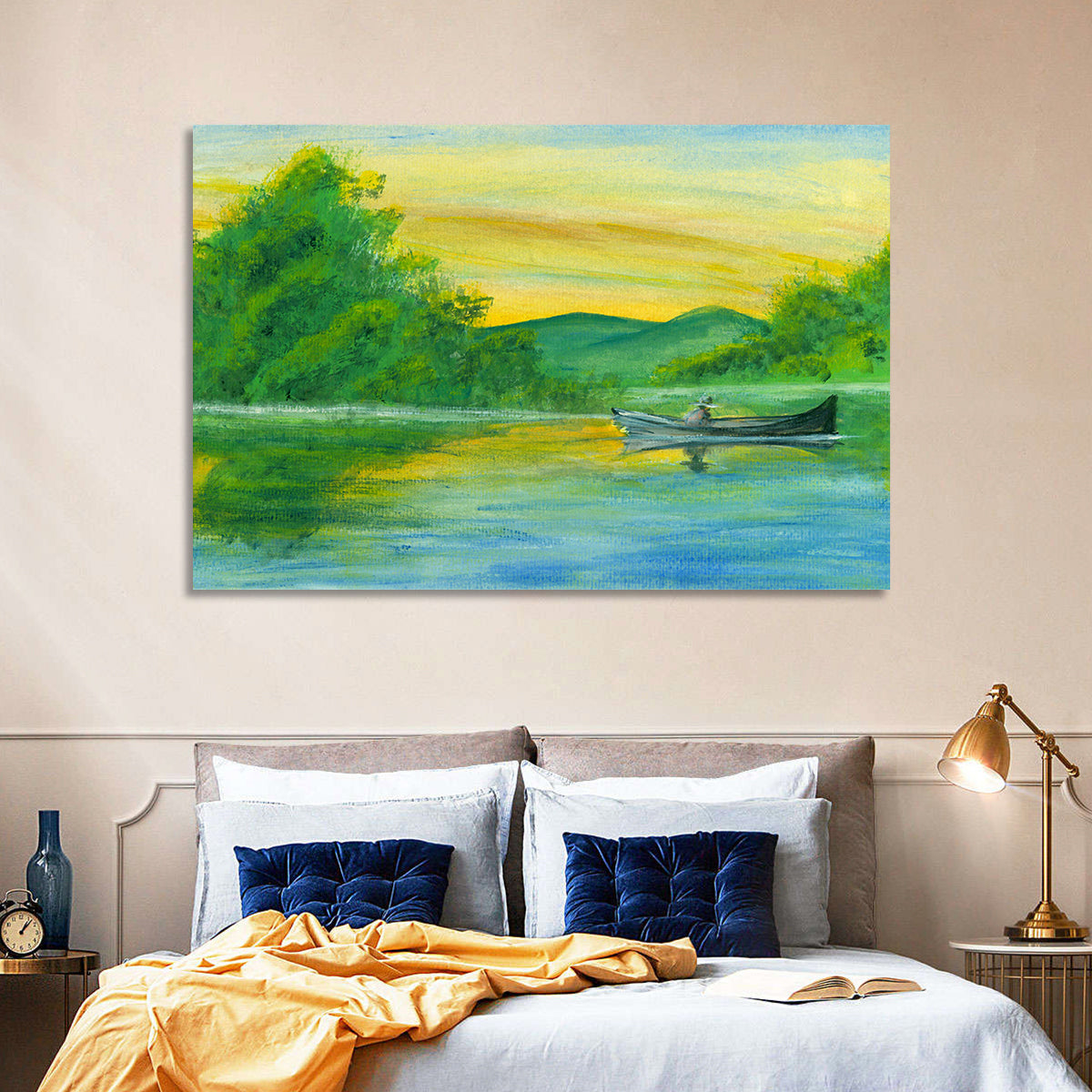 Rowboat on Serene Lake Watercolor Wall Art