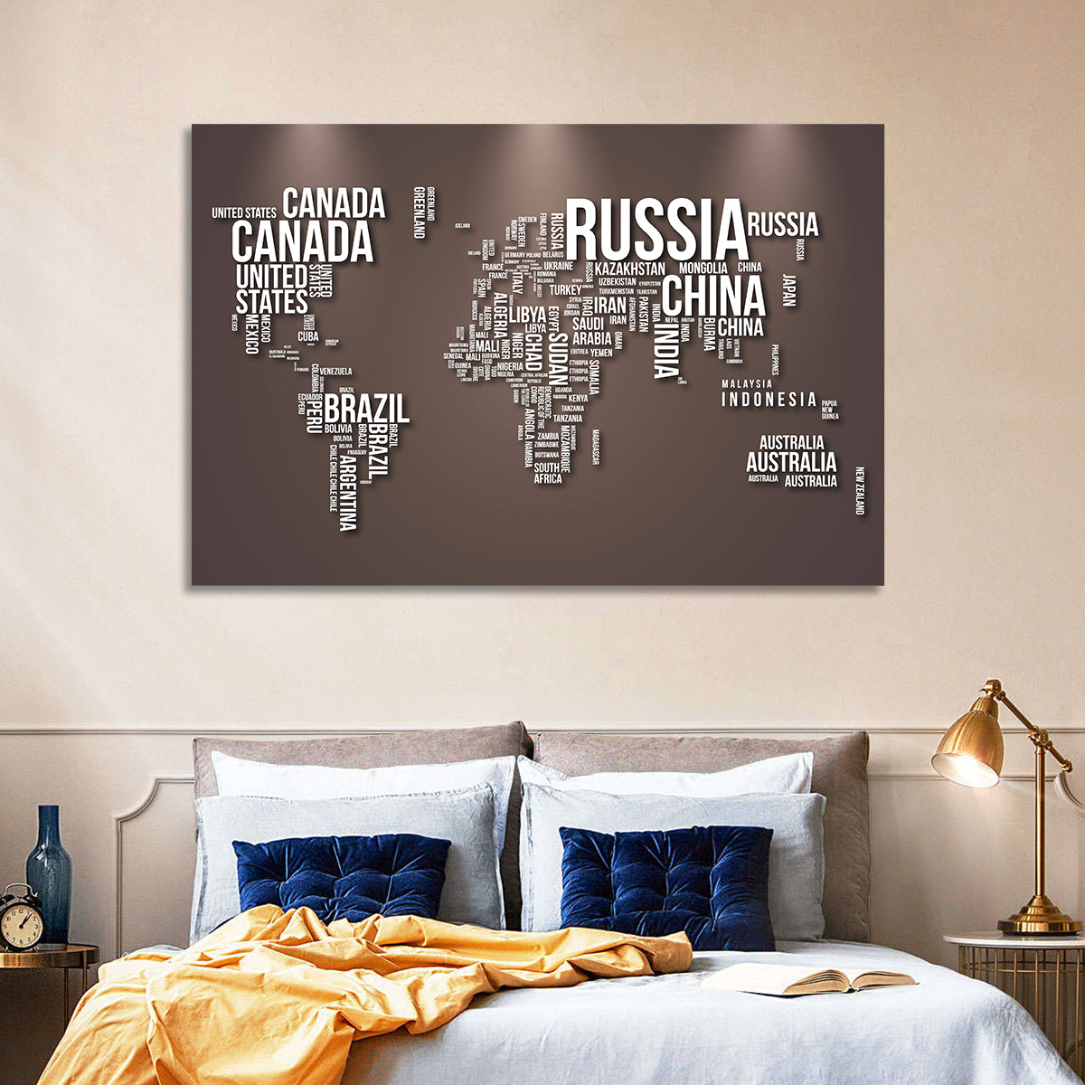 World Map Typography in Brown and White Wall Art