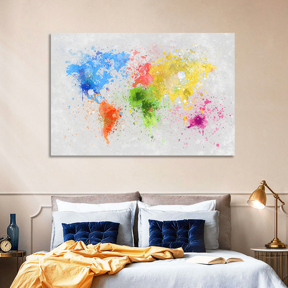 Vibrant Watercolor World Map Wall Art in a room, landscape