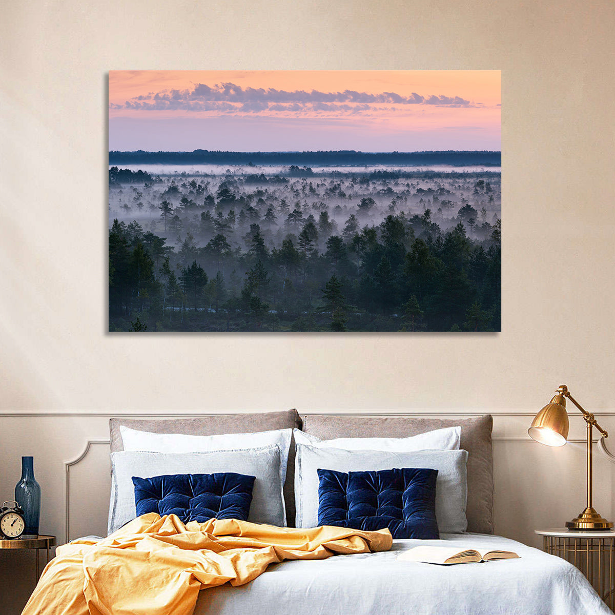 Estonian Misty Pine Landscape Wall Art in a room, landscape