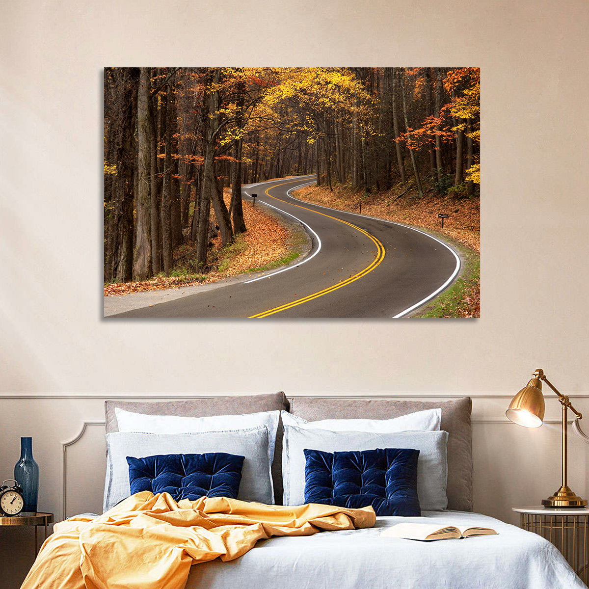 S-curve Road Through Autumn Forest Wall Art in a room, landscape
