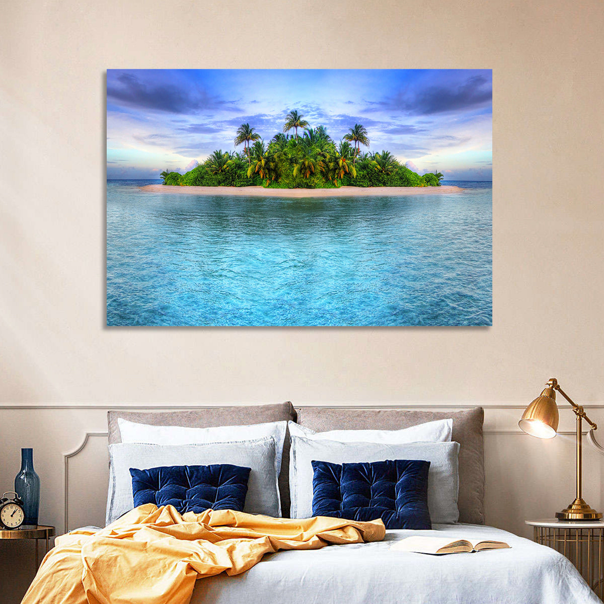 Mirrored Tropical Island Lagoon Wall Art in a room, landscape
