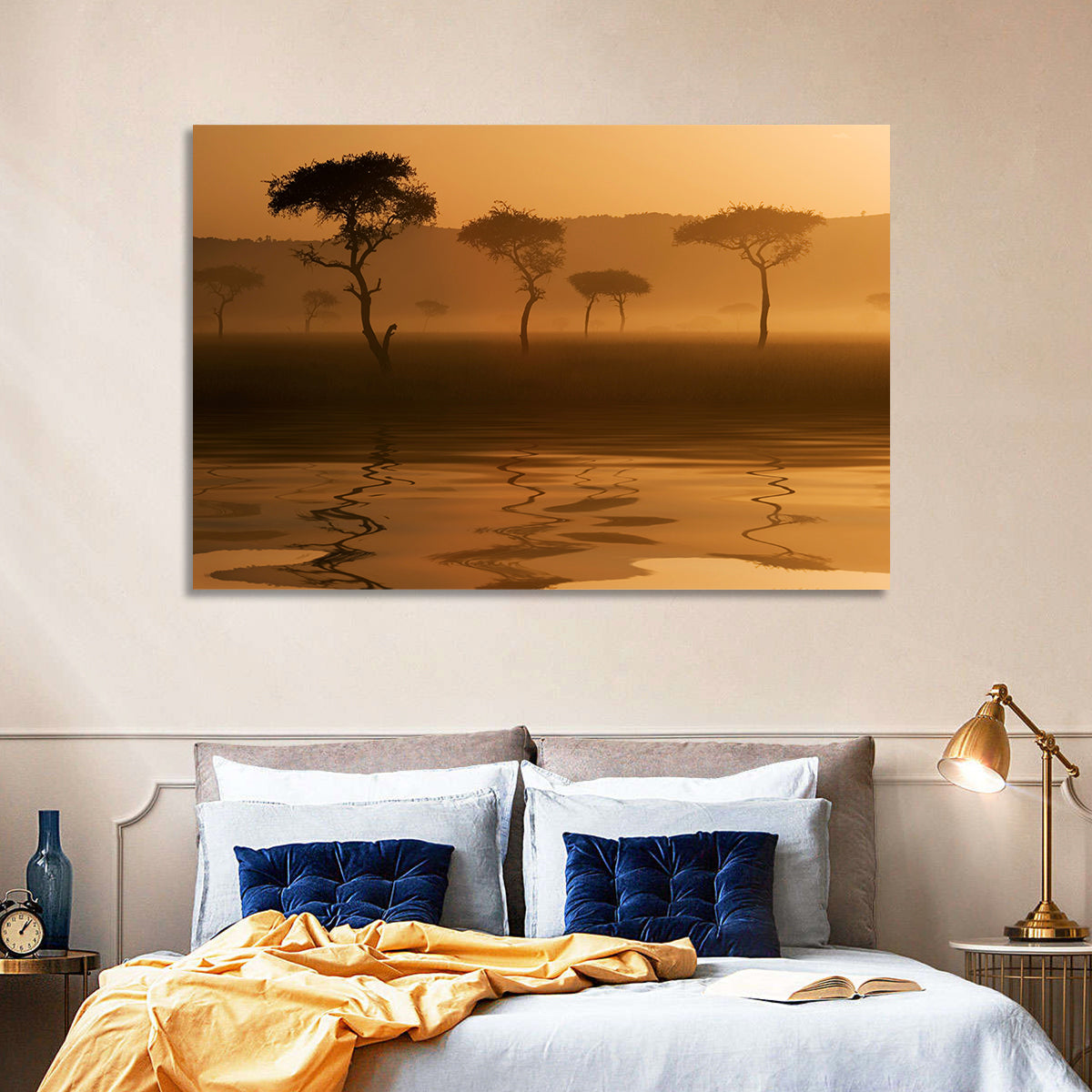Savanna Sunset Acacia Silhouettes Wall Art in a room, landscape