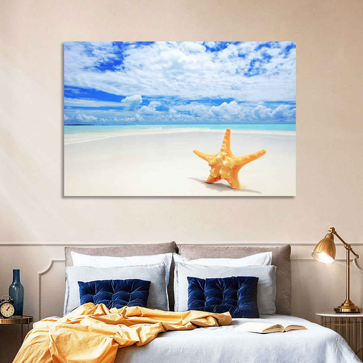 Minimalist Yellow Starfish on Turquoise Shore Wall Art in a room, landscape