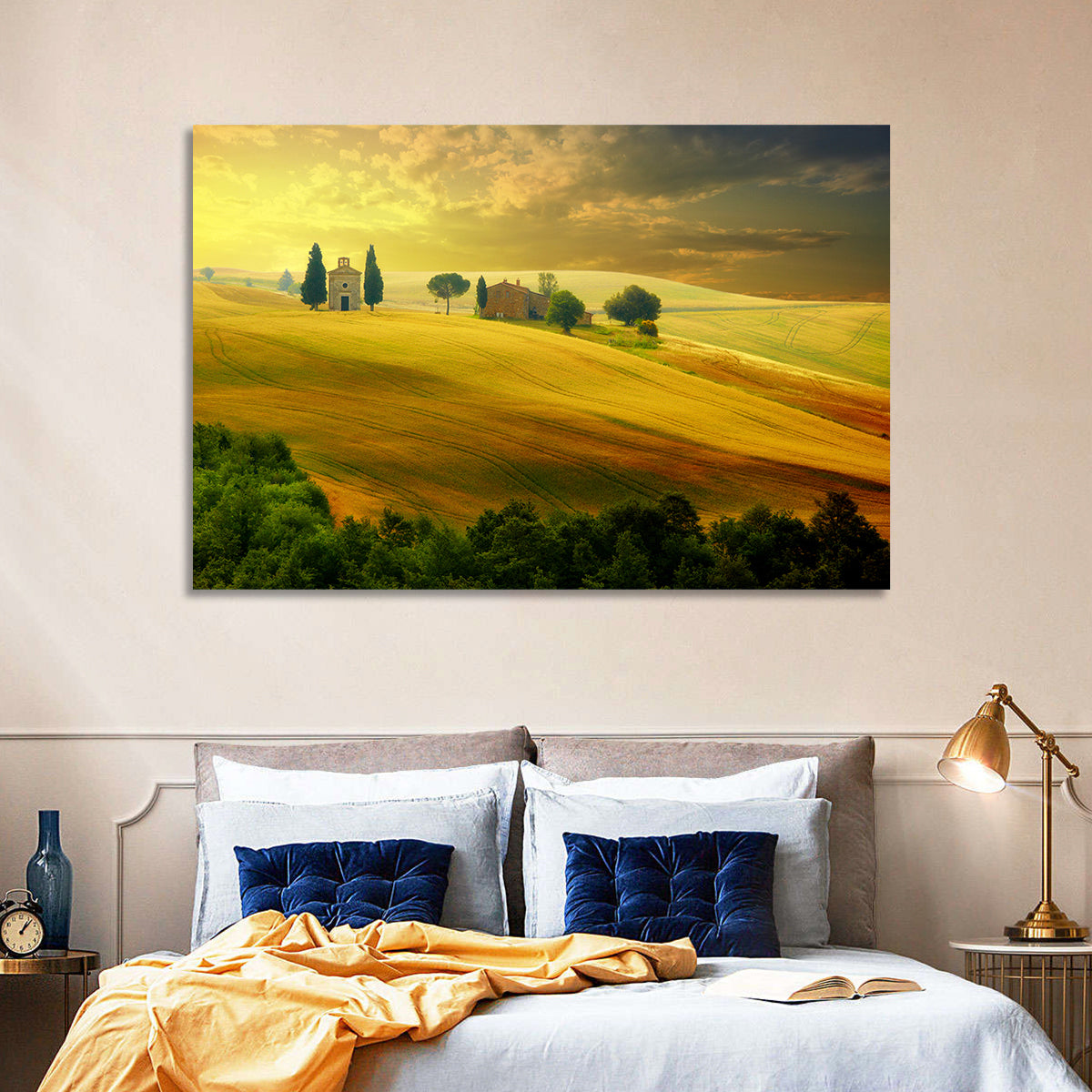 Tuscany Golden Hour Landscape Wall Art in a room, landscape