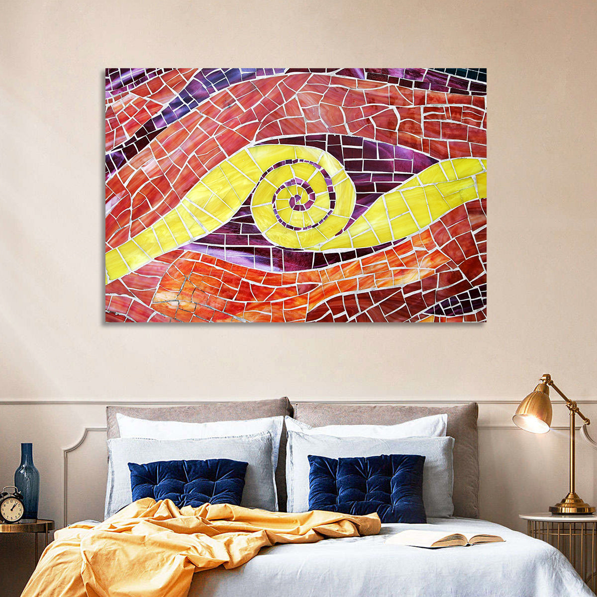Red and Yellow Spiral Mosaic Wall Art in a room, landscape