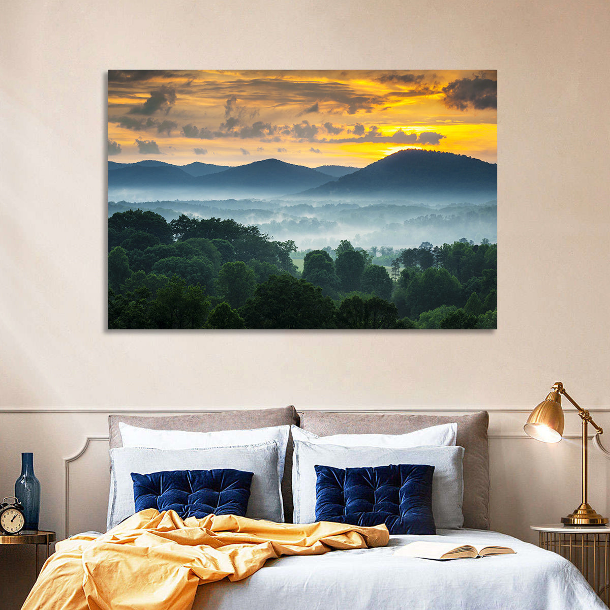 Blue Ridge Mountains Asheville Sunset Wall Art in a room, landscape