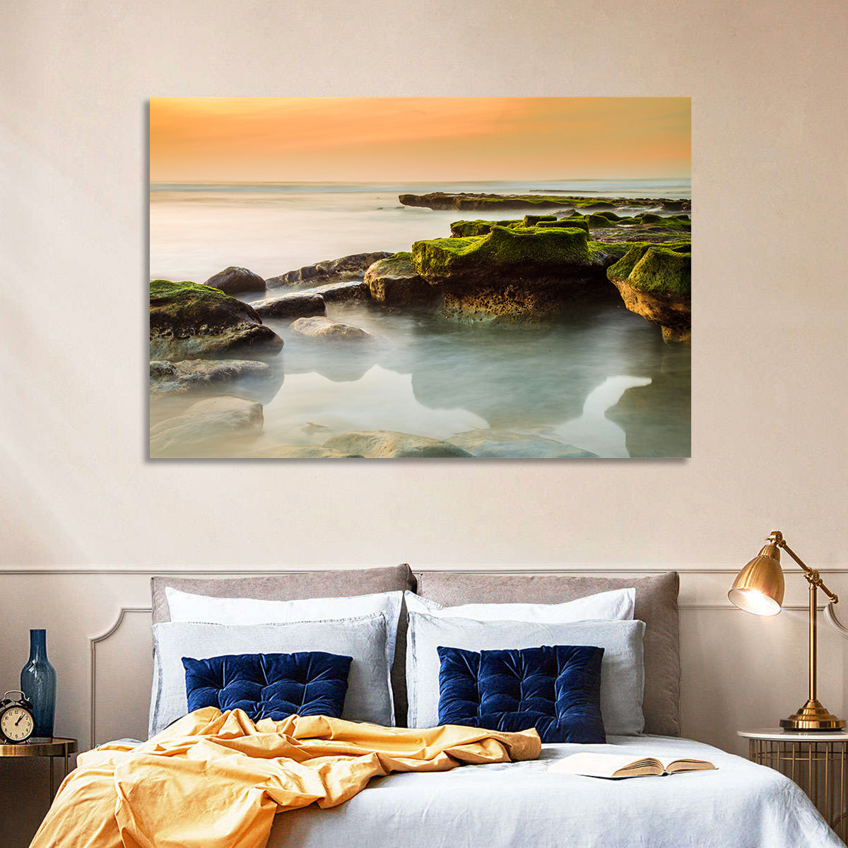 Mossy Rocky Coastline at Golden Hour Wall Art