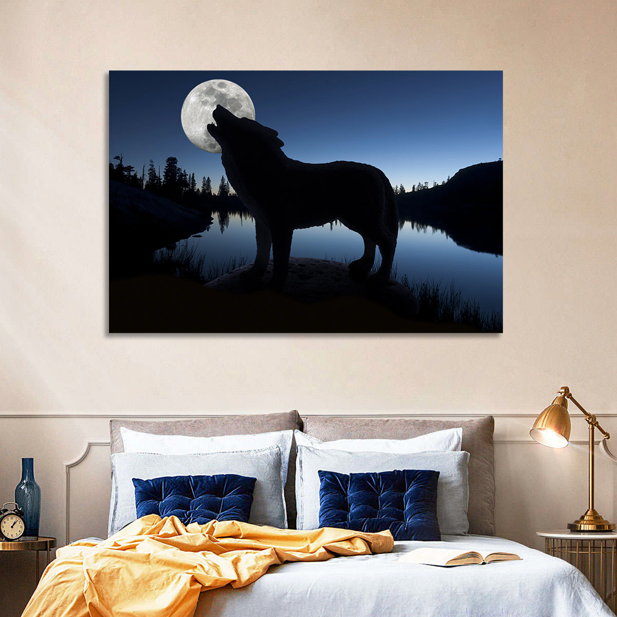 Howling Wolf at Full Moon Wall Art in a room, landscape
