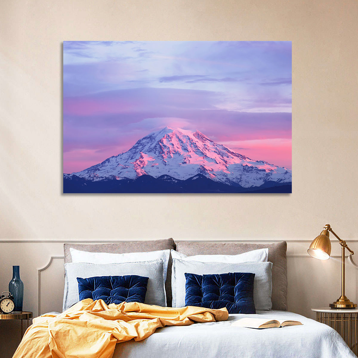 Mount Rainier Alpenglow with Lenticular Cloud Wall Art in a room, landscape
