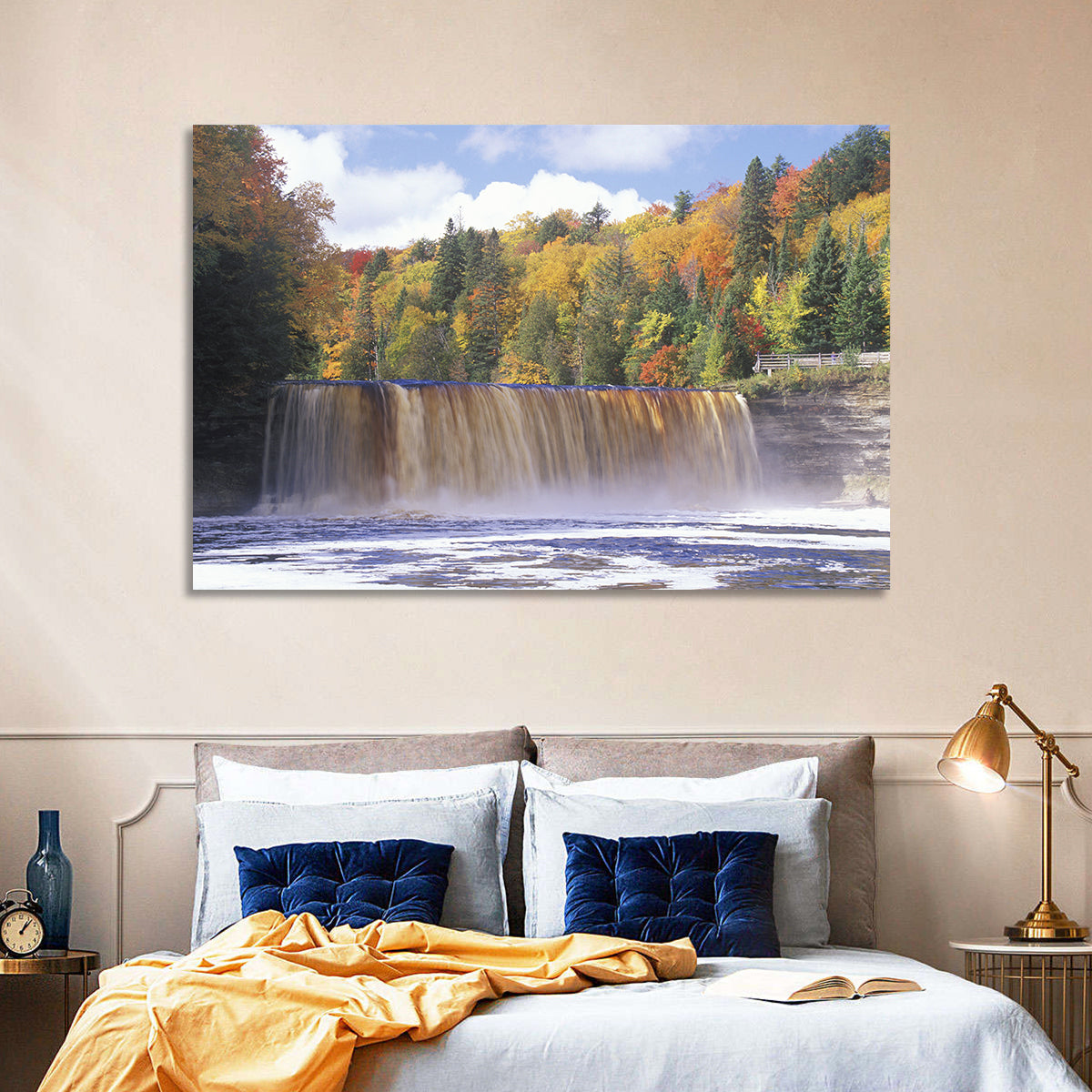 Tahquamenon Falls Autumn Waterfall Wall Art in a room, landscape
