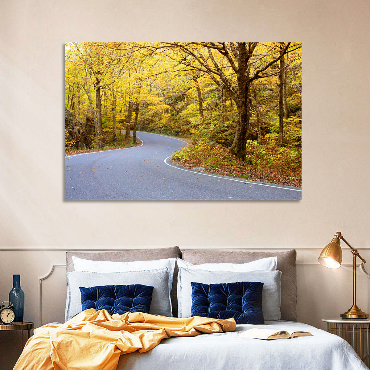 Winding Road Through Autumn Foliage Wall Art in a room, landscape