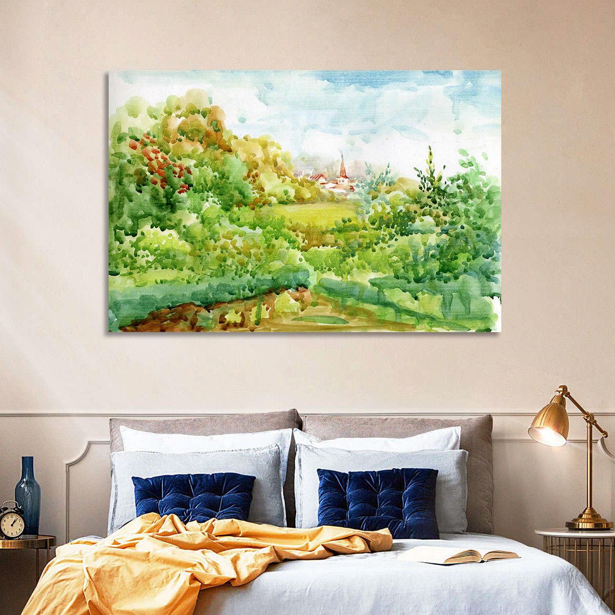 Red Steeple Village Watercolor Wall Art in a room, landscape