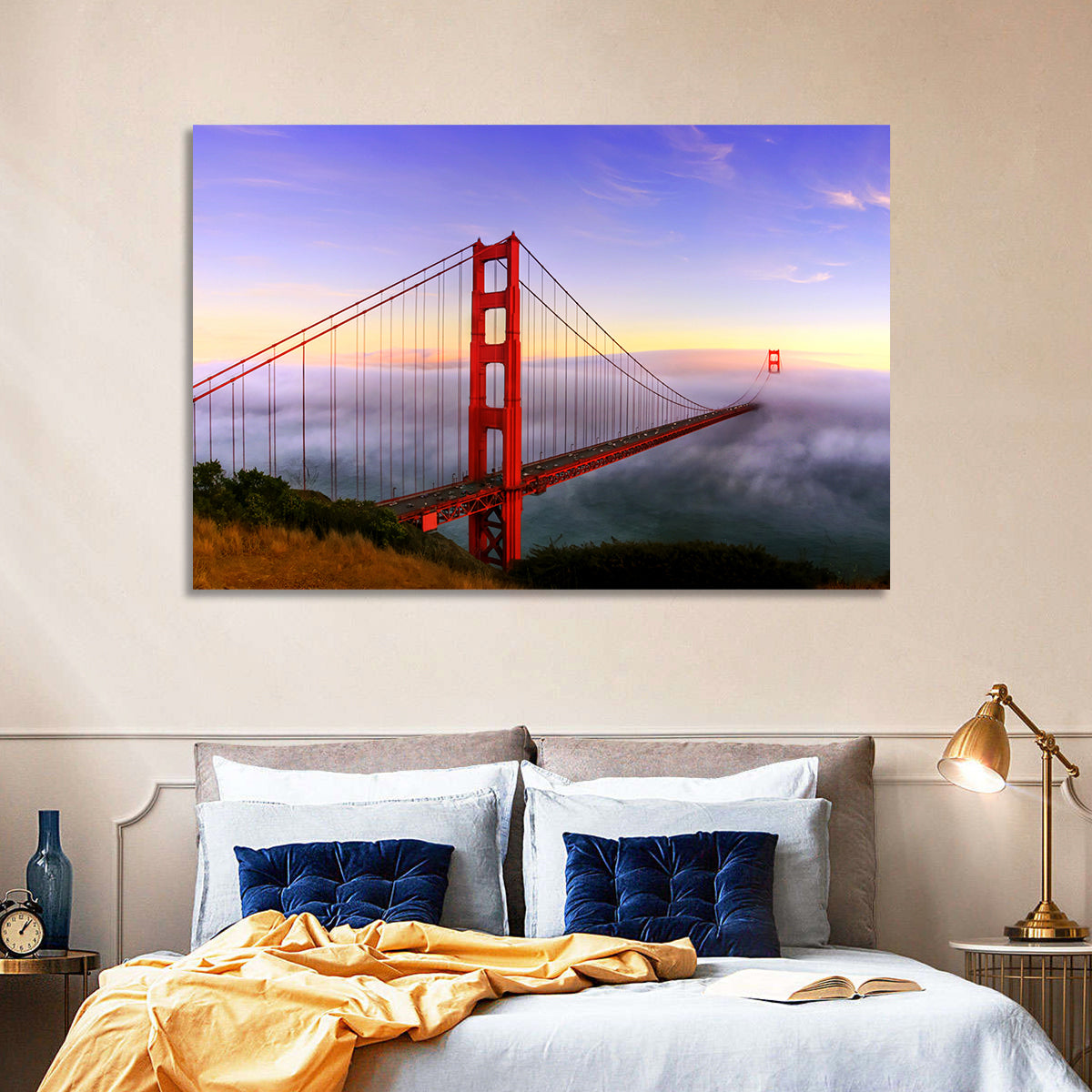 Foggy Golden Gate Bridge Wall Art in a room, landscape