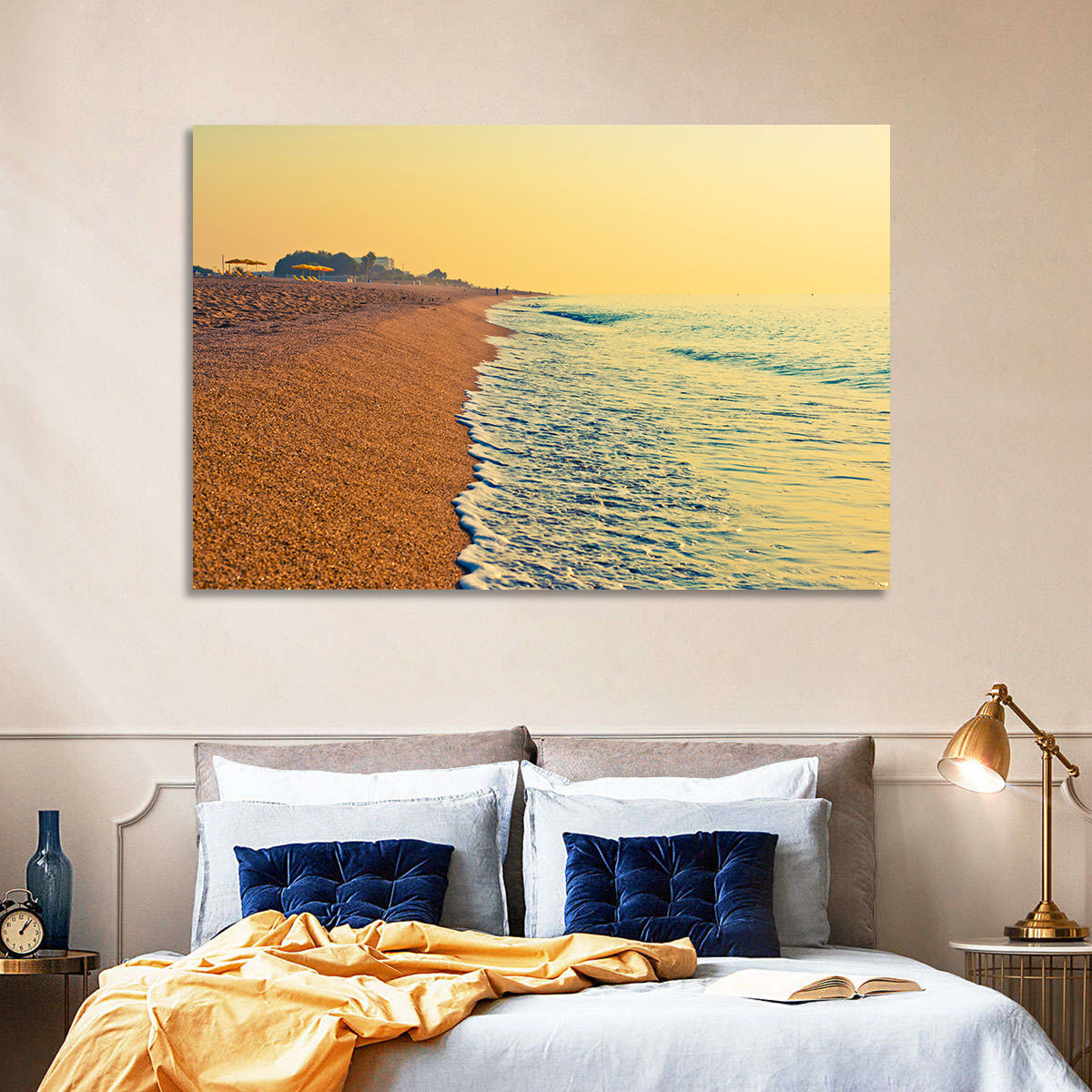 Tranquil Beach Sunrise Wall Art in a room, landscape