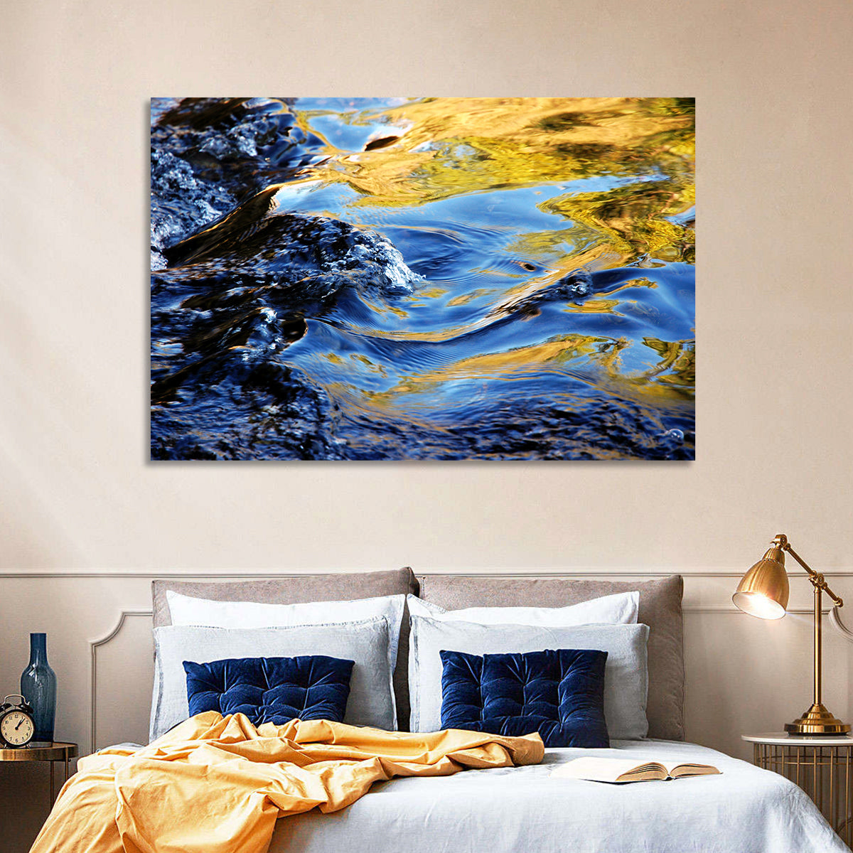 Flowing Stream with Golden Reflections Wall Art in a room, landscape
