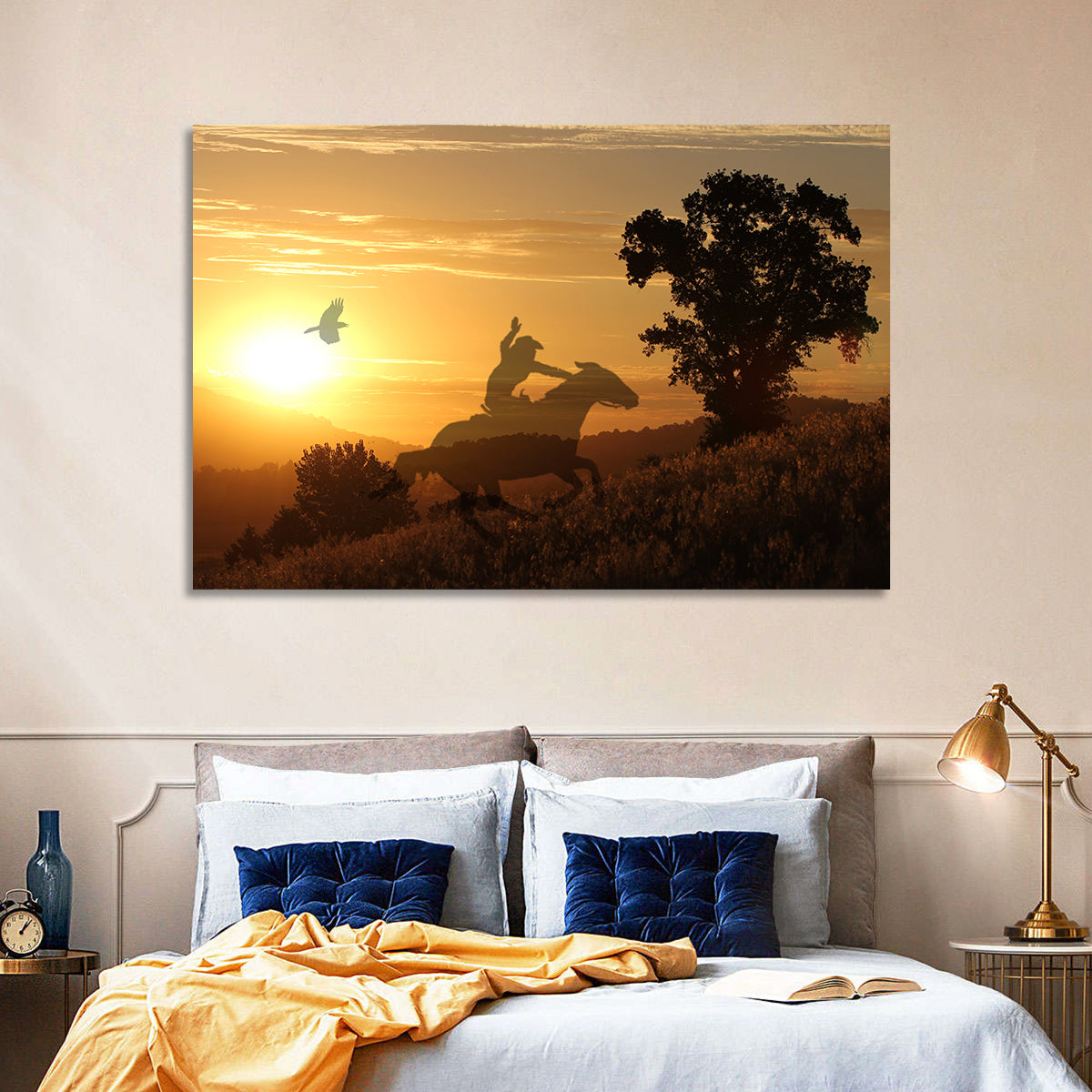 Cowboy Silhouette at Golden Sunset Wall Art
