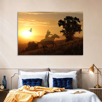 Cowboy Silhouette at Golden Sunset Wall Art