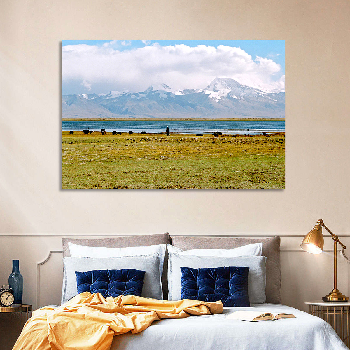 Mount Kailash from Lake Manasarovar Wall Art in a room, landscape