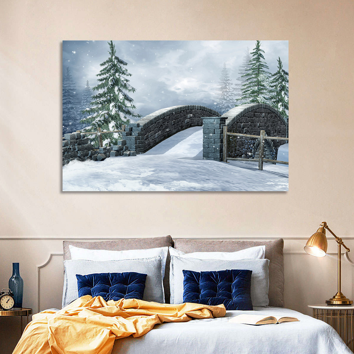 Snowy Stone Bridge in Winter Forest Wall Art in a room, landscape