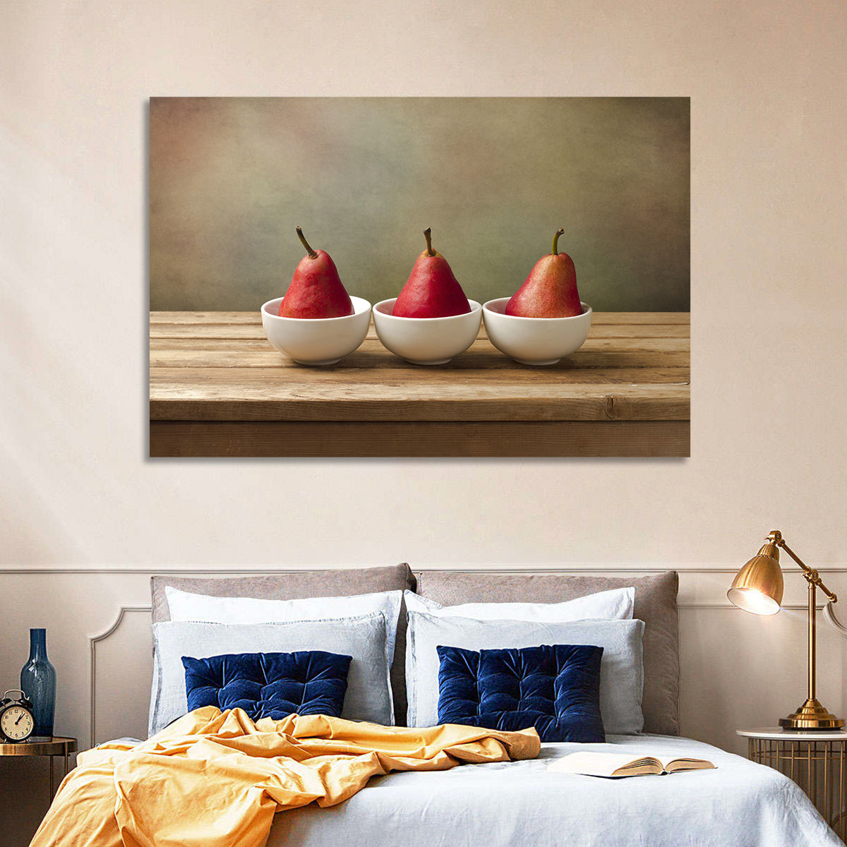 Three Red Pears in Bowls Wall Art in a room, landscape