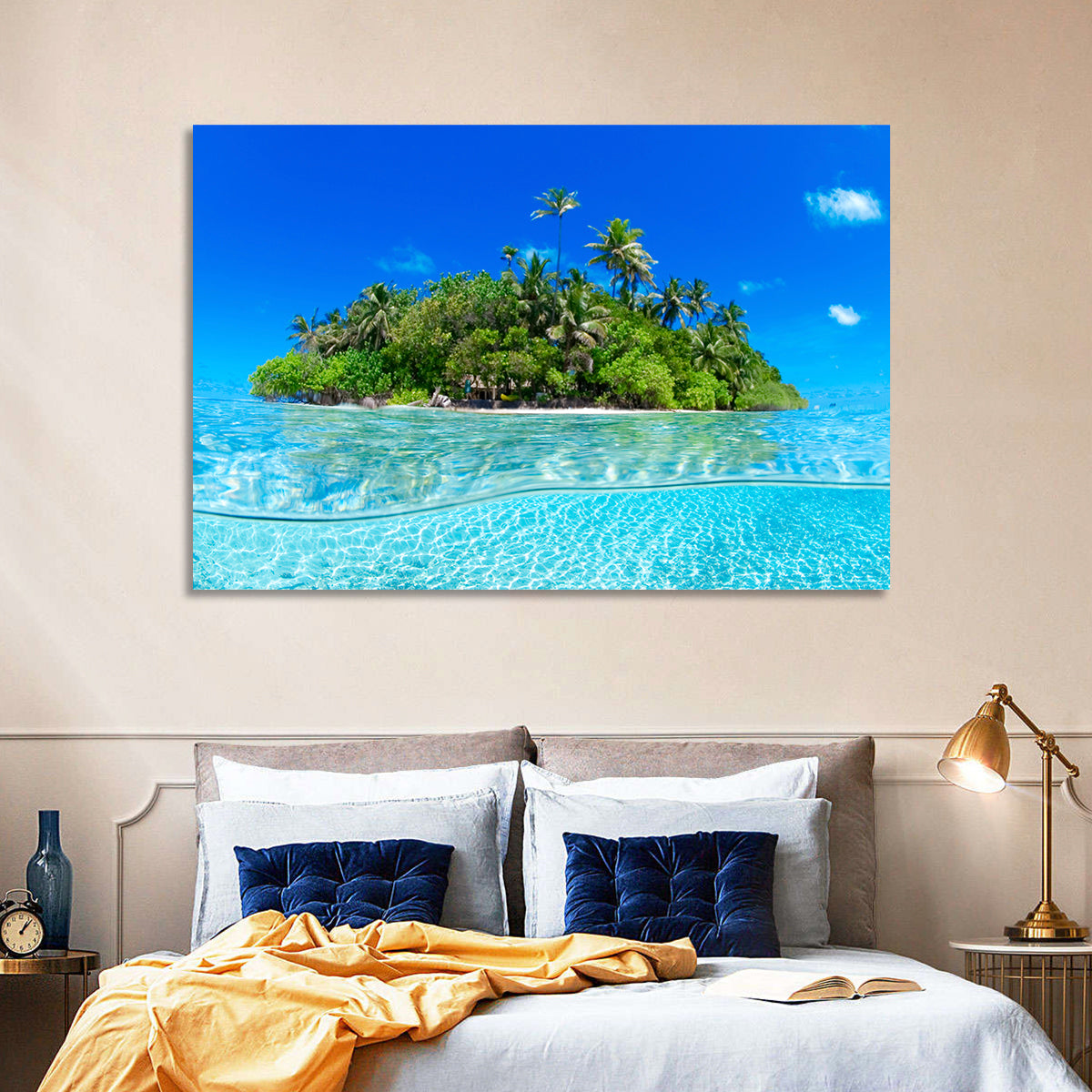 Tropical Island Lagoon Split-level Seascape Wall Art in a room, landscape