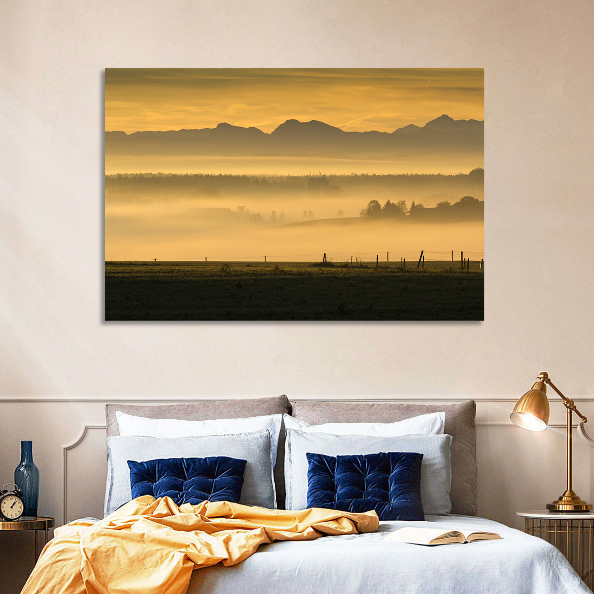 Bavarian Alps Morning Haze Wall Art in a room, landscape