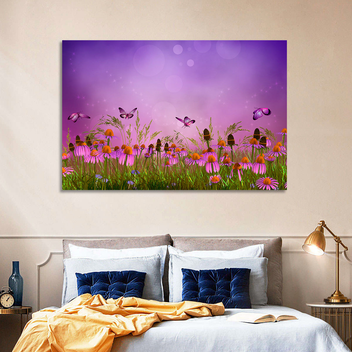 Purple Coneflower Butterfly Meadow Wall Art in a room, landscape