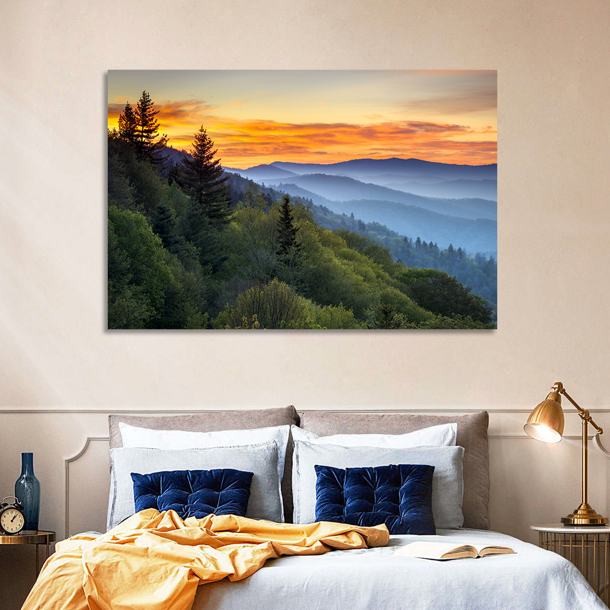 Great Smoky Mountains Sunset Wall Art in a room, landscape